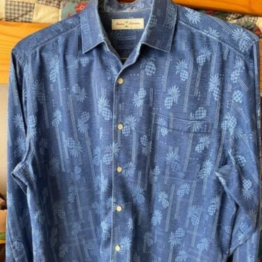 TOMMY BAHAMA * Blue TROPICAL l/s 100% SILK Casual DRESS button-down SHIRT ~ sz L